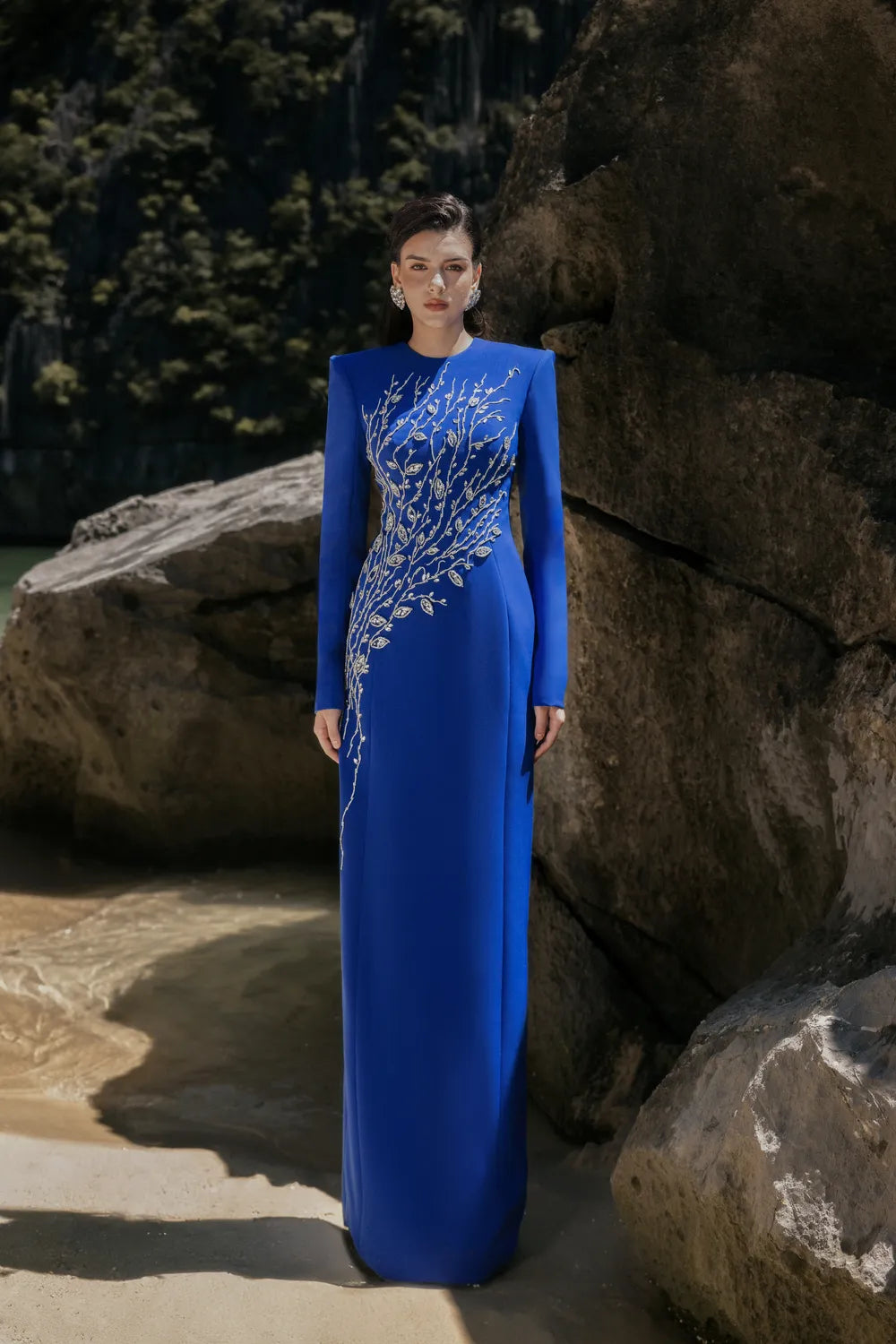 Padded Shoulder Crystal Embellished Straight Dress